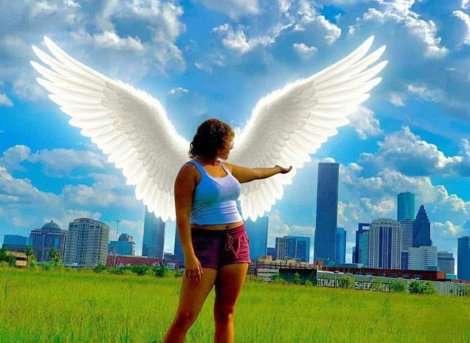 Tribute image of Kristen Galvan with angel wings over the Houston skyline